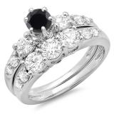 2.00 Carat (ctw) 10k White Gold Round Black & White Diamond Ladies 3 Stone Bridal Engagement Ring Matching Band Set 2 CT