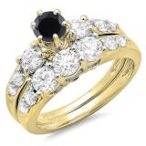 2.00 Carat (ctw) 14k Yellow Gold Round Black & White Diamond Ladies 3 Stone Bridal Engagement Ring Matching Band Set 2 CT