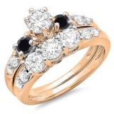 2.00 Carat (ctw) 10k Rose Gold Round Black & White Diamond Ladies 3 Stone Bridal Engagement Ring Matching Band Set 2 CT