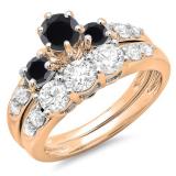 2.00 Carat (ctw) 10k Rose Gold Round Black & White Diamond Ladies 3 Stone Bridal Engagement Ring Matching Band Set 2 CT