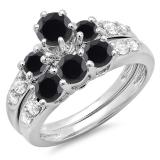 2.00 Carat (ctw) 18k White Gold Round Black & White Diamond Ladies 3 Stone Bridal Engagement Ring Matching Band Set 2 CT