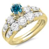 2.00 Carat (ctw) 10k Yellow Gold Round Blue & White Diamond Ladies 3 Stone Bridal Engagement Ring Matching Band Set 2 CT