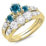2.00 Carat (ctw) 10k Yellow Gold Round Blue & White Diamond Ladies 3 Stone Bridal Engagement Ring Matching Band Set 2 CT
