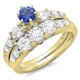2.00 Carat (ctw) 10k Yellow Gold Round Blue Sapphire & White Diamond Ladies 3 Stone Bridal Engagement Ring Matching Band Set 2 CT