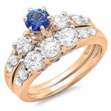 2.00 Carat (ctw) 18k Rose Gold Round Blue Sapphire & White Diamond Ladies 3 Stone Bridal Engagement Ring Matching Band Set 2 CT