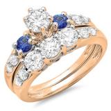 2.00 Carat (ctw) 14k Rose Gold Round Blue Sapphire & White Diamond Ladies 3 Stone Bridal Engagement Ring Matching Band Set 2 CT