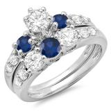 2.00 Carat (ctw) 14k White Gold Round Blue Sapphire & White Diamond Ladies 3 Stone Bridal Engagement Ring Matching Band Set 2 CT