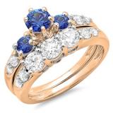 2.00 Carat (ctw) 10k Rose Gold Round Blue Sapphire & White Diamond Ladies 3 Stone Bridal Engagement Ring Matching Band Set 2 CT