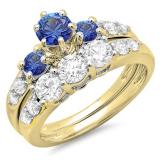 2.00 Carat (ctw) 10k Yellow Gold Round Blue Sapphire & White Diamond Ladies 3 Stone Bridal Engagement Ring Matching Band Set 2 CT