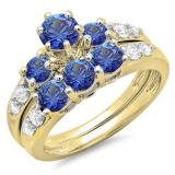 2.00 Carat (ctw) 14k Yellow Gold Round Blue Sapphire & White Diamond Ladies 3 Stone Bridal Engagement Ring Matching Band Set 2 CT
