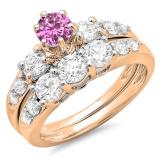 2.00 Carat (ctw) 10k Rose Gold Round Pink Sapphire & White Diamond Ladies 3 Stone Bridal Engagement Ring Matching Band Set 2 CT