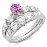 2.00 Carat (ctw) 18k White Gold Round Pink Sapphire & White Diamond Ladies 3 Stone Bridal Engagement Ring Matching Band Set 2 CT