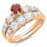 2.00 Carat (ctw) 10k Rose Gold Round Red Ruby & White Diamond Ladies 3 Stone Bridal Engagement Ring Matching Band Set 2 CT