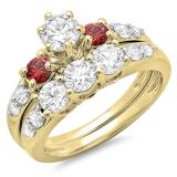 2.00 Carat (ctw) 14k Yellow Gold Round Red Ruby & White Diamond Ladies 3 Stone Bridal Engagement Ring Matching Band Set 2 CT