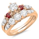 2.00 Carat (ctw) 18k Rose Gold Round Red Ruby & White Diamond Ladies 3 Stone Bridal Engagement Ring Matching Band Set 2 CT