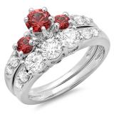 2.00 Carat (ctw) 10k White Gold Round Red Ruby & White Diamond Ladies 3 Stone Bridal Engagement Ring Matching Band Set 2 CT