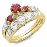 2.00 Carat (ctw) 18k Yellow Gold Round Red Ruby & White Diamond Ladies 3 Stone Bridal Engagement Ring Matching Band Set 2 CT