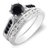 1.00 Carat (ctw) 14k White Gold Round Black & White Diamond Ladies Bridal Engagement Ring Set With Matching Band 1 CT