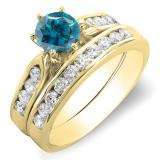 1.00 Carat (ctw) 10k Yellow Gold Round Blue & White Diamond Ladies Bridal Engagement Ring Set With Matching Band 1 CT