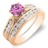 1.00 Carat (ctw) 10k Rose Gold Round Pink Sapphire & Rose Diamond Ladies Bridal Engagement Ring Set With Matching Band 1 CT