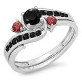 0.90 Carat (ctw) 10K White Gold Round Black Diamond & Ruby Side Stones Ladies Swirl Bridal Engagement Ring Matching Band Set