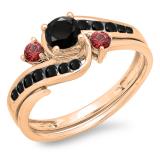 0.90 Carat (ctw) 18K Rose Gold Round Black Diamond & Ruby Side Stones Ladies Swirl Bridal Engagement Ring Matching Band Set