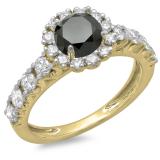 1.35 Carat (ctw) 10K Yellow Gold Round Cut Black & White Diamond Ladies Bridal Cluster Halo Style Engagement Ring