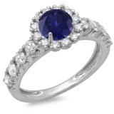 1.35 Carat (ctw) 10K White Gold Round Cut Blue Sapphire & White Diamond Ladies Bridal Cluster Halo Style Engagement Ring