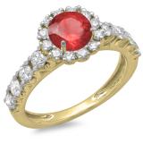 1.35 Carat (ctw) 10K Yellow Gold Round Cut Red Ruby & White Diamond Ladies Bridal Cluster Halo Style Engagement Ring
