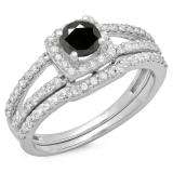 1.00 Carat (ctw) 14K White Gold Round White & Black Diamond Ladies Split Shank Halo Bridal Engagement Ring With Matching Band Set 1 CT