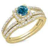 1.00 Carat (ctw) 10K Yellow Gold Round White & Blue Diamond Ladies Split Shank Halo Bridal Engagement Ring With Matching Band Set 1 CT