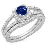 1.00 Carat (ctw) 10K White Gold Round Blue Sapphire & White Diamond Ladies Split Shank Halo Bridal Engagement Ring With Matching Band Set 1 CT