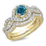 1.75 Carat (ctw) 10K Yellow Gold Round White & Blue Diamond Ladies Swirl Bridal Halo Engagement Ring With Matching Band Set 1 3/4 CT