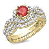 1.75 Carat (ctw) 10K Yellow Gold Round Red Ruby & White Diamond Ladies Swirl Bridal Halo Engagement Ring With Matching Band Set 1 3/4 CT