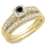0.50 Carat (ctw) 10K Yellow Gold Round White & Black Diamond Ladies Halo Engagement Bridal Ring With Matching Band Set 1/2 CT