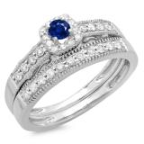 0.50 Carat (ctw) 10K White Gold Round Blue Sapphire & White Diamond Ladies Halo Engagement Bridal Ring With Matching Band Set 1/2 CT