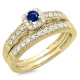 0.50 Carat (ctw) 10K Yellow Gold Round Blue Sapphire & White Diamond Ladies Halo Engagement Bridal Ring With Matching Band Set 1/2 CT