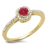 0.45 Carat (ctw) 10K Yellow Gold Round Cut Red Ruby & White Diamond Ladies Halo Style Bridal Engagement Ring 1/2 CT