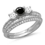 1.05 Carat (ctw) 14K White Gold Round Cut Black & White Diamond Ladies 3 Stone Bridal Engagement Ring With Matching Band Set 1 CT