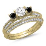 1.05 Carat (ctw) 14K Yellow Gold Round Cut Black & White Diamond Ladies 3 Stone Bridal Engagement Ring With Matching Band Set 1 CT