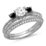 1.05 Carat (ctw) 18K White Gold Round Cut Black & White Diamond Ladies 3 Stone Bridal Engagement Ring With Matching Band Set 1 CT