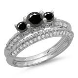 1.05 Carat (ctw) 18K White Gold Round Cut Black & White Diamond Ladies 3 Stone Bridal Engagement Ring With Matching Band Set 1 CT