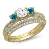 1.05 Carat (ctw) 18K Yellow Gold Round Cut Blue & White Diamond Ladies 3 Stone Bridal Engagement Ring With Matching Band Set 1 CT