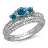 1.05 Carat (ctw) 14K White Gold Round Cut Blue & White Diamond Ladies 3 Stone Bridal Engagement Ring With Matching Band Set 1 CT