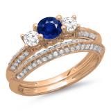 1.05 Carat (ctw) 18K Rose Gold Round Cut Blue Sapphire & White Diamond Ladies 3 Stone Bridal Engagement Ring With Matching Band Set 1 CT