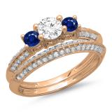 1.05 Carat (ctw) 14K Rose Gold Round Cut Blue Sapphire & White Diamond Ladies 3 Stone Bridal Engagement Ring With Matching Band Set 1 CT