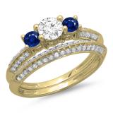 1.05 Carat (ctw) 18K Yellow Gold Round Cut Blue Sapphire & White Diamond Ladies 3 Stone Bridal Engagement Ring With Matching Band Set 1 CT