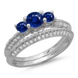 1.05 Carat (ctw) 14K White Gold Round Cut Blue Sapphire & White Diamond Ladies 3 Stone Bridal Engagement Ring With Matching Band Set 1 CT