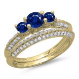 1.05 Carat (ctw) 14K Yellow Gold Round Cut Blue Sapphire & White Diamond Ladies 3 Stone Bridal Engagement Ring With Matching Band Set 1 CT