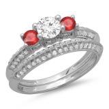 1.05 Carat (ctw) 14K White Gold Round Cut Red Ruby & White Diamond Ladies 3 Stone Bridal Engagement Ring With Matching Band Set 1 CT